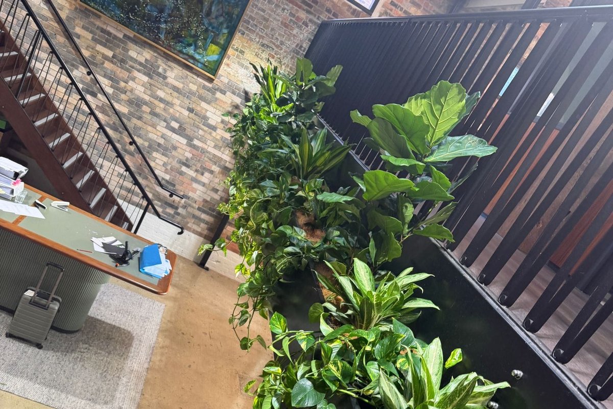 A linear green wall planter running along a mezzanine balustrade in a converted brick warehouse venue
