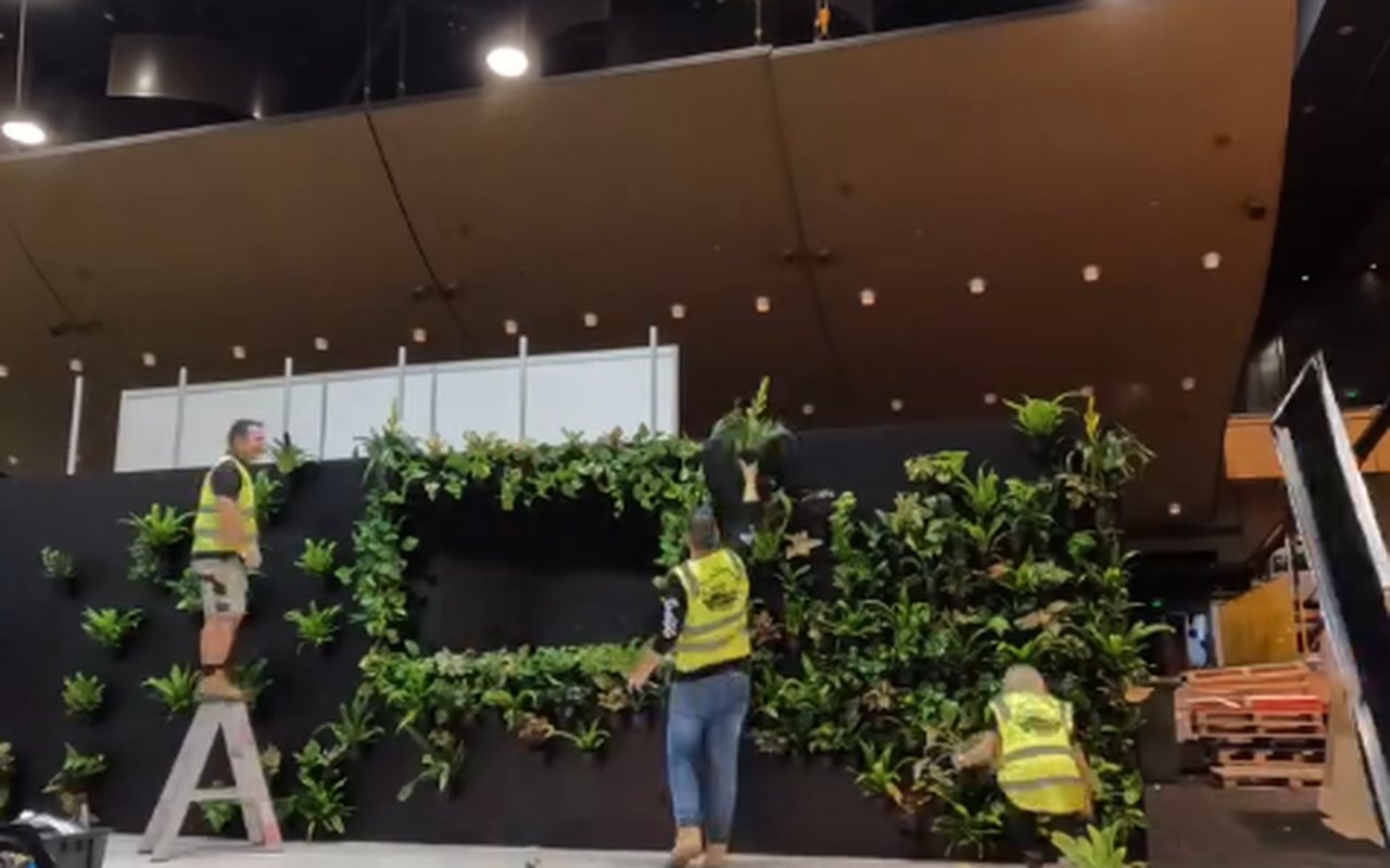 Grolife crew in hi-vis planting up a feature green wall on a trade show stand