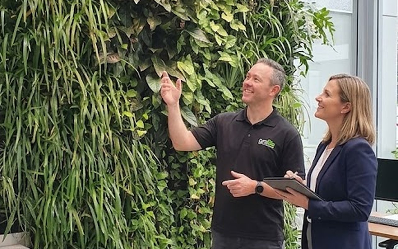 A Grolife designer walking a client through a living green wall concept on site