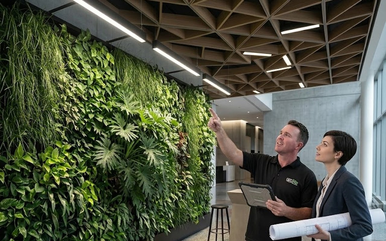 A Grolife designer talking lighting and structural advice with a client beside a feature green wall under a sculptural lit ceiling